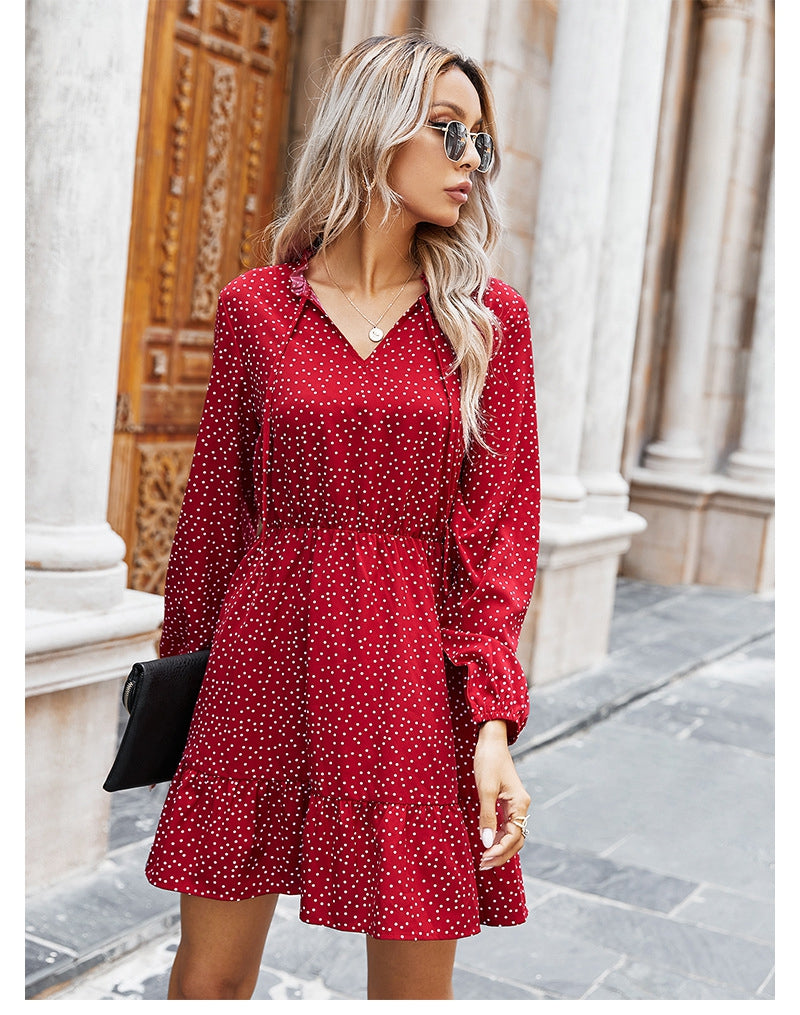 Ladies Spring Summer Polka Dot Print Dress Women Casual Lace Up V Neck Full Sleeve Slim Short Dress 2021 New