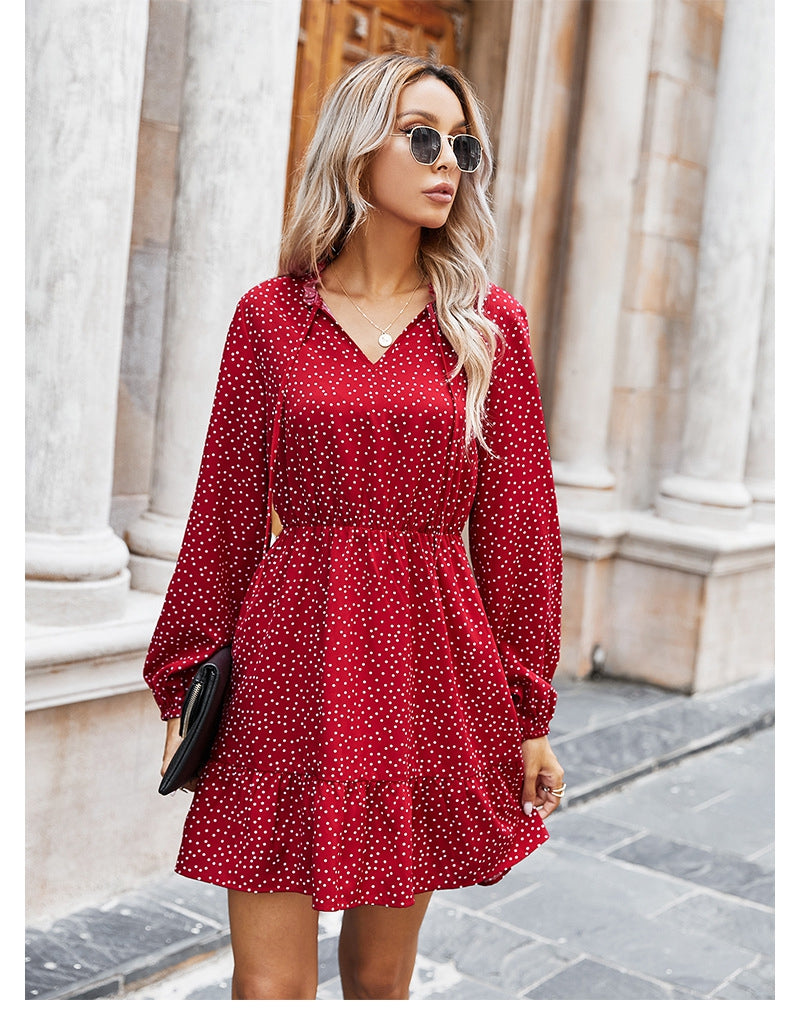 Ladies Spring Summer Polka Dot Print Dress Women Casual Lace Up V Neck Full Sleeve Slim Short Dress 2021 New