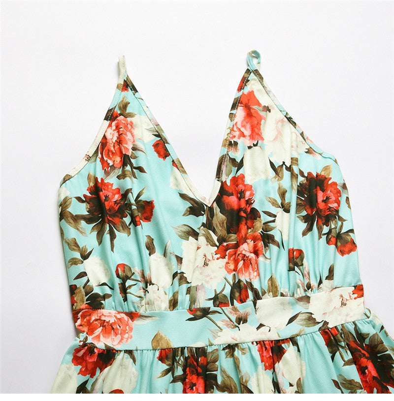 Spring Summer New Women's V Neck Suspender Dresses Sleeveless Hight Waist Floral Printed Long Dresses