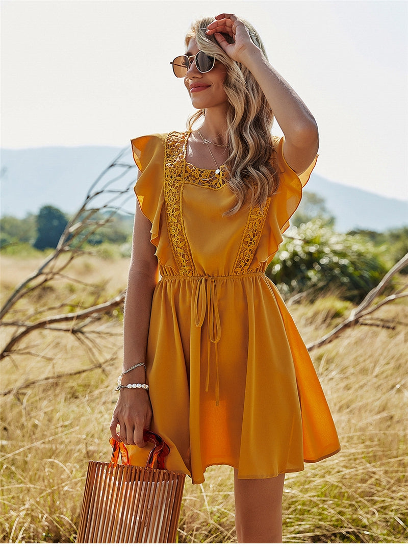 Spring Backless Hollow Out Solid Dress Women Casual Ruffles Lace Up High Waist Short Dress For Women Sweet Summer Dress