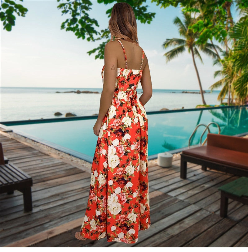Spring Summer New Women's V Neck Suspender Dresses Sleeveless Hight Waist Floral Printed Long Dresses