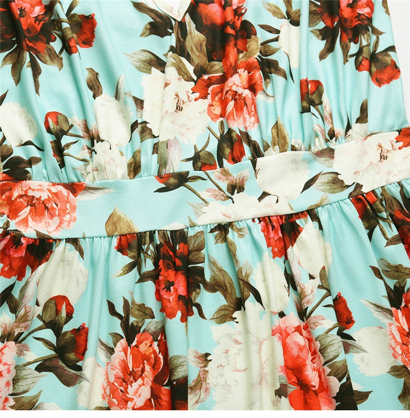 Spring Summer New Women's V Neck Suspender Dresses Sleeveless Hight Waist Floral Printed Long Dresses