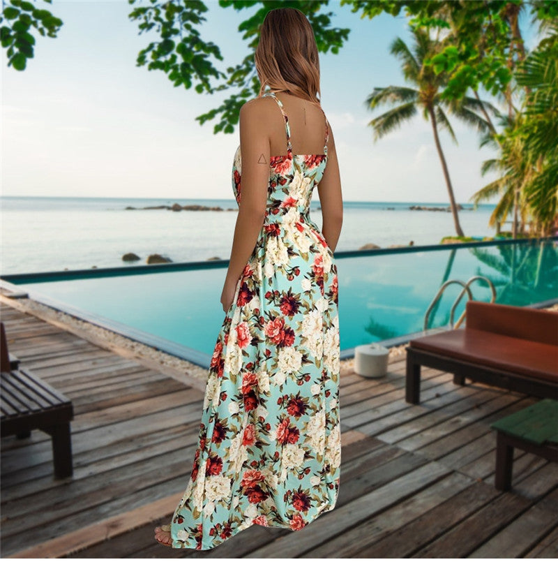Spring Summer New Women's V Neck Suspender Dresses Sleeveless Hight Waist Floral Printed Long Dresses