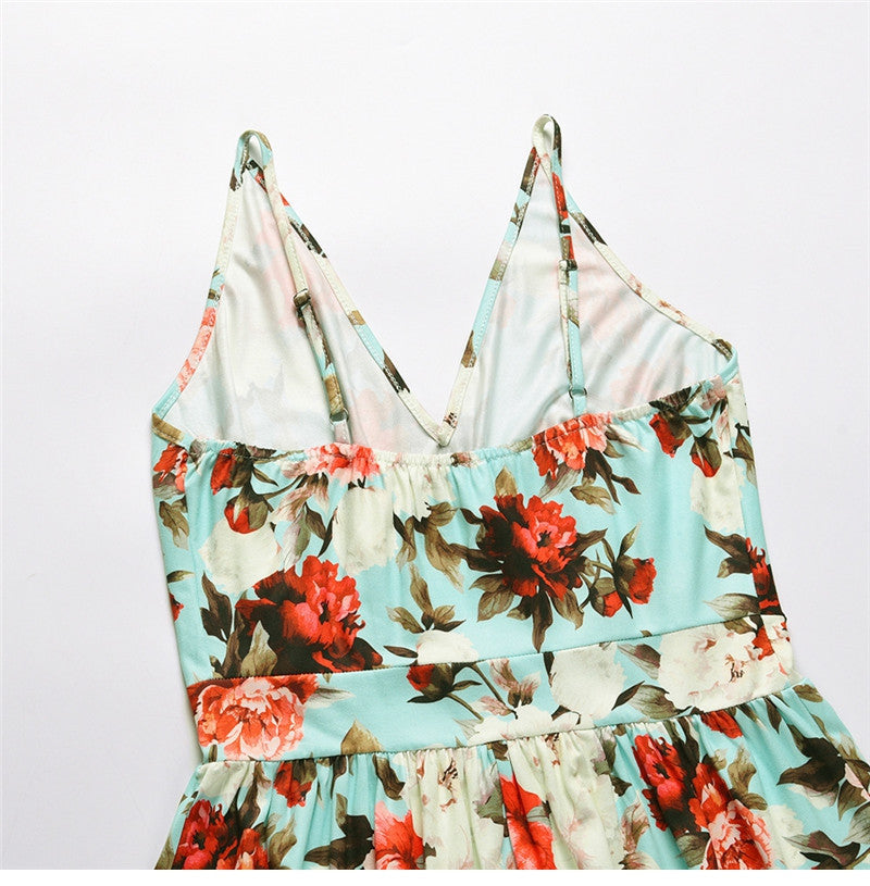 Spring Summer New Women's V Neck Suspender Dresses Sleeveless Hight Waist Floral Printed Long Dresses