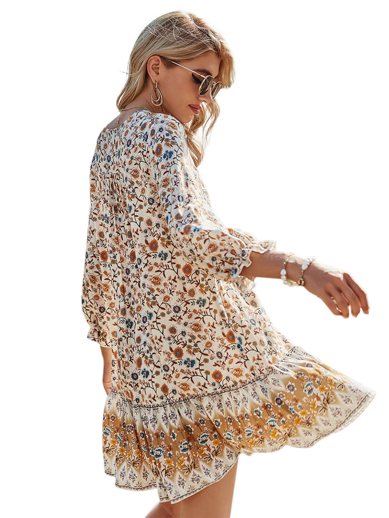 Spring Print Dress Women Casual Butterfly Sleeve V Neck Short Dress For Women Fashion Loose Summer Dress
