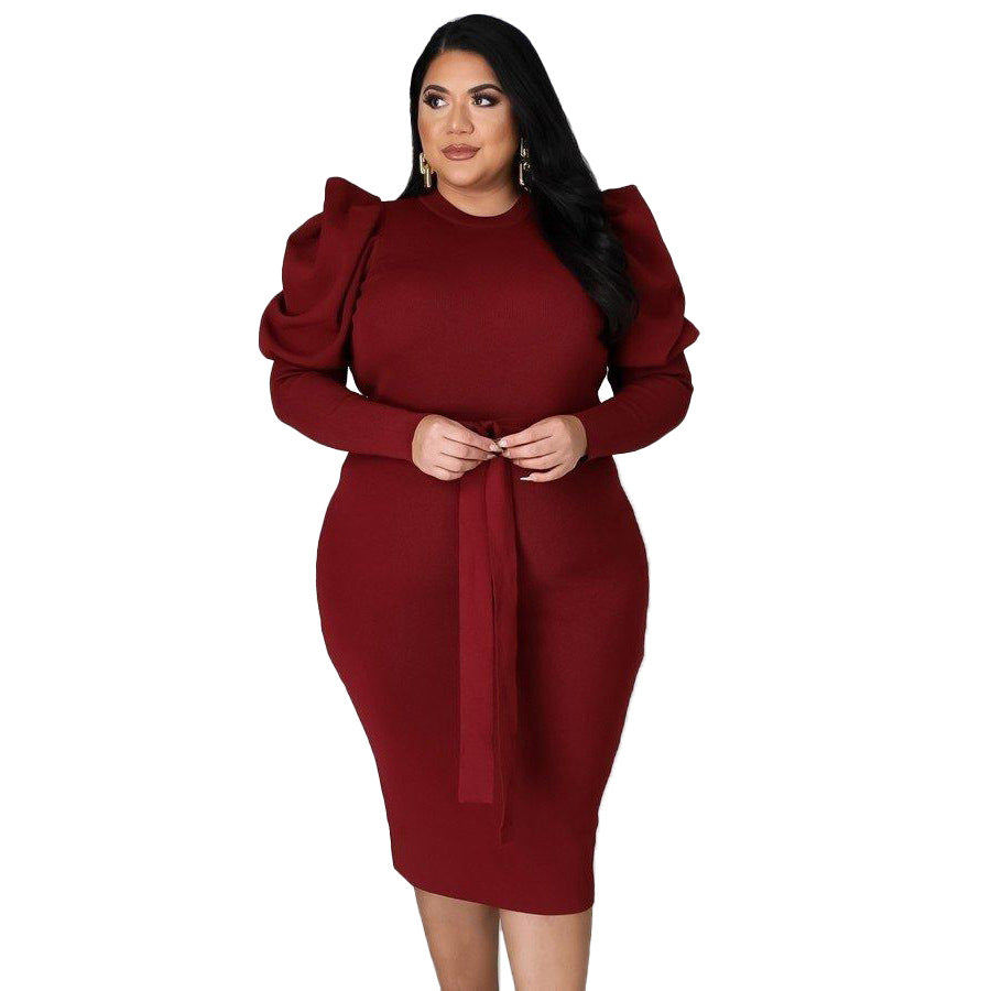Women Clothing Long Sleeve Belt Slim Fit plus Size Dress