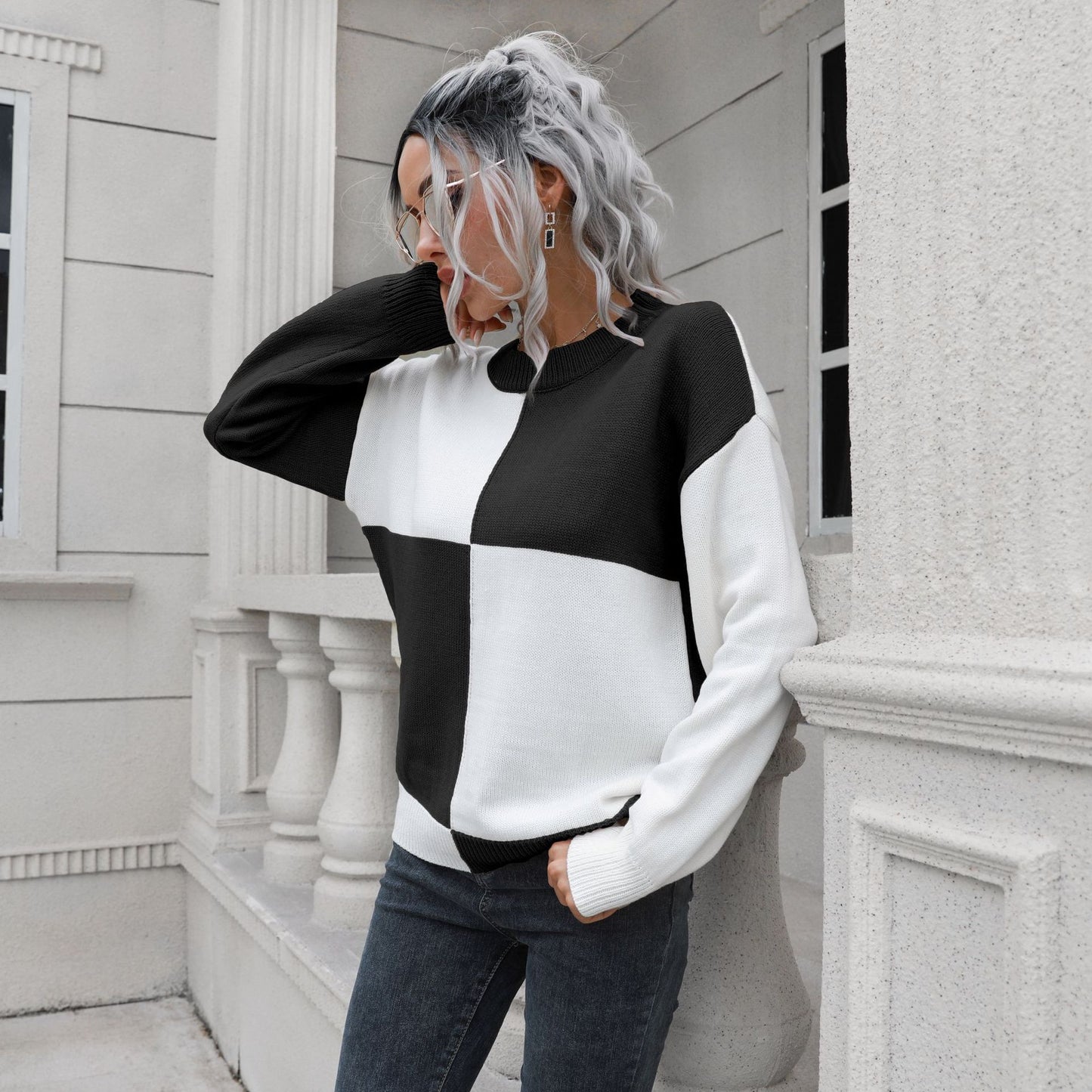 Chessboard Plaid Sweater Women Loose Autumn Winter Long Sleeve Sweater Sweater