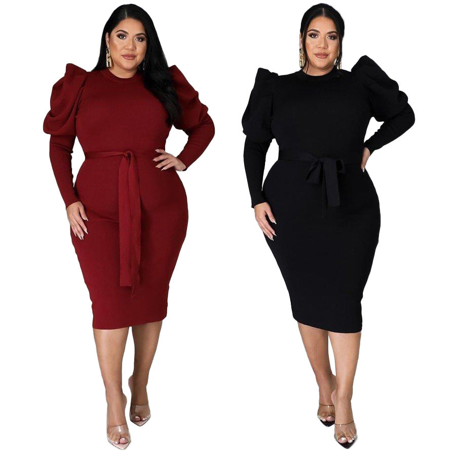 Women Clothing Long Sleeve Belt Slim Fit plus Size Dress