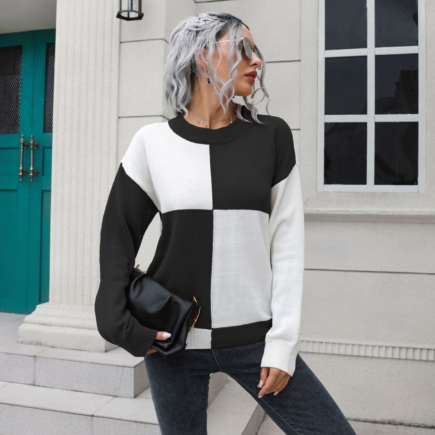 Chessboard Plaid Sweater Women Loose Autumn Winter Long Sleeve Sweater Sweater