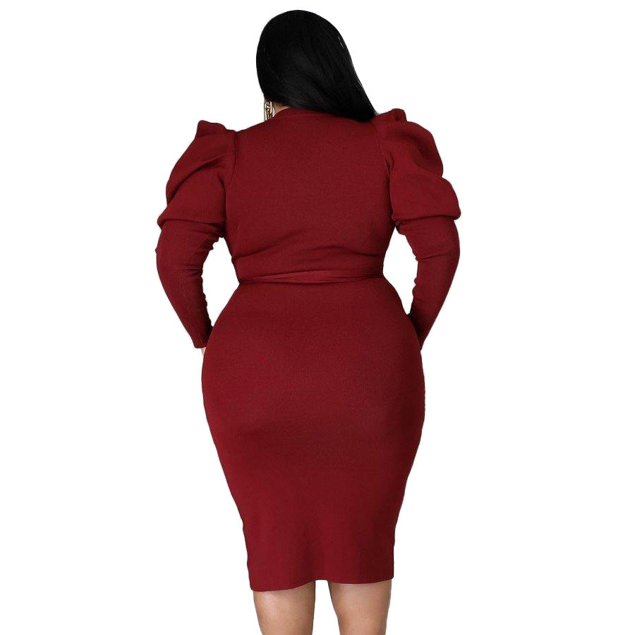 Women Clothing Long Sleeve Belt Slim Fit plus Size Dress