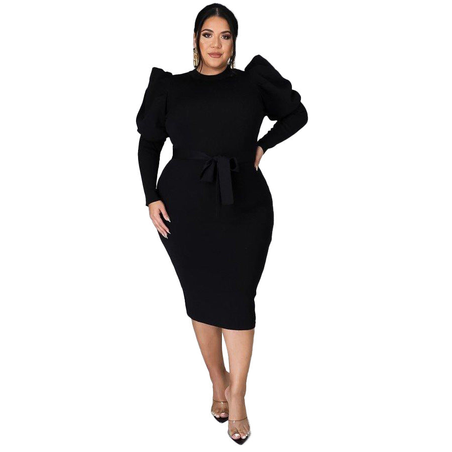 Women Clothing Long Sleeve Belt Slim Fit plus Size Dress