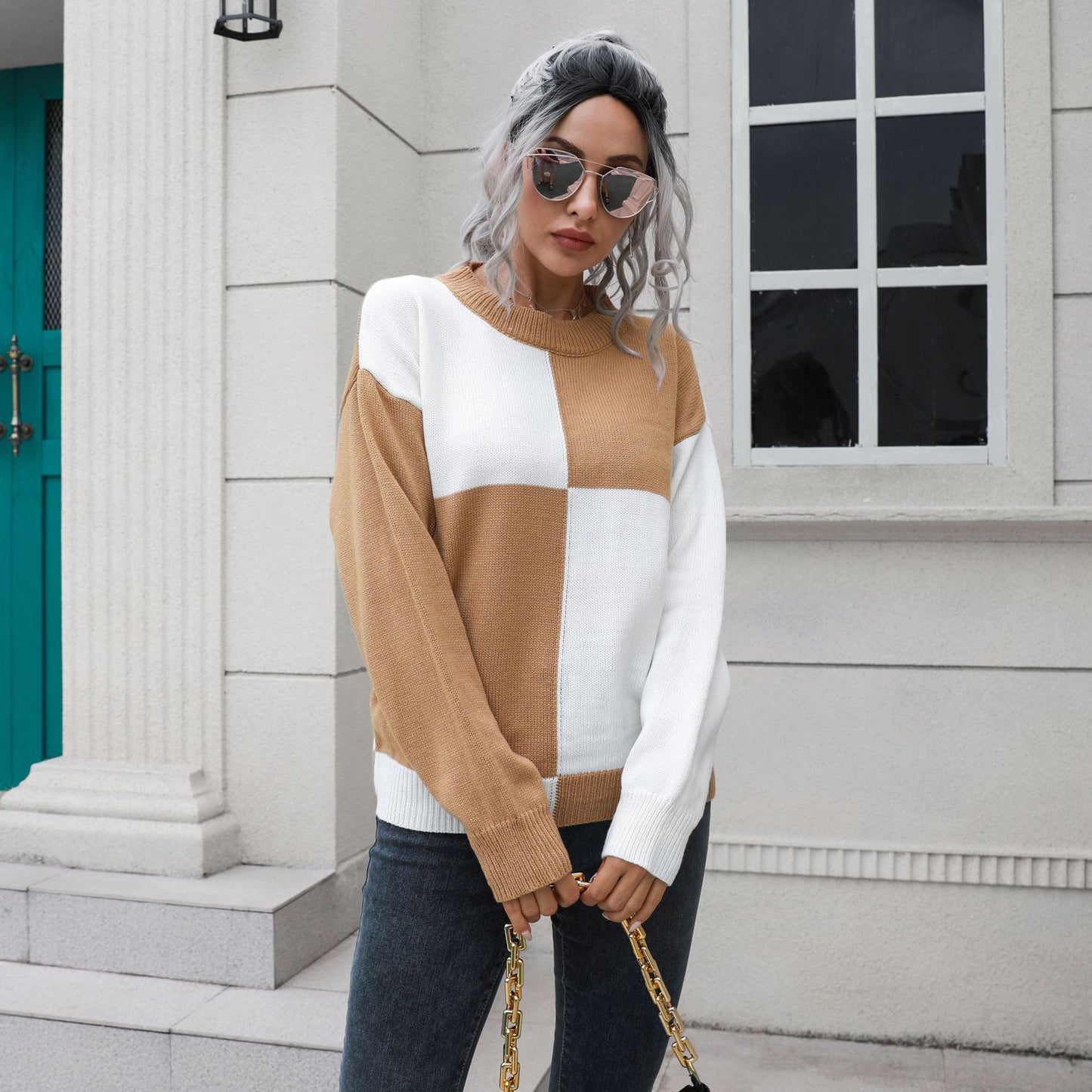 Chessboard Plaid Sweater Women Loose Autumn Winter Long Sleeve Sweater Sweater
