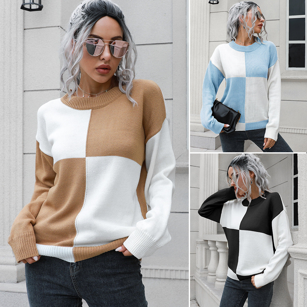 Chessboard Plaid Sweater Women Loose Autumn Winter Long Sleeve Sweater Sweater