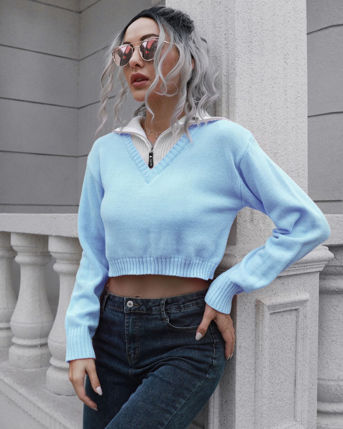 Celebrity Zipper Lapel Color Matching Short Sweater Women Loose Autumn Winter Long Sleeve Knitwear Sweater