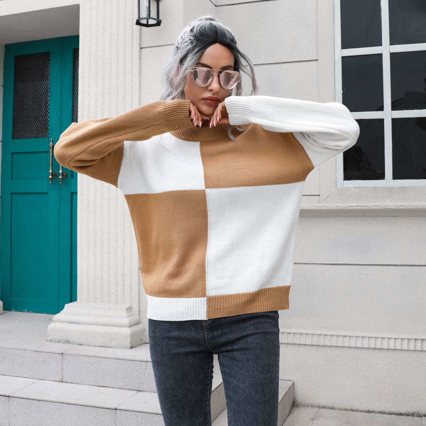 Chessboard Plaid Sweater Women Loose Autumn Winter Long Sleeve Sweater Sweater