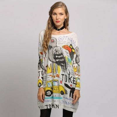 Autumn Casual Long Sweater Women Batwing Long Sleeve Pullover Baggy Jumper Solid Knitted Tops Print Knitwear