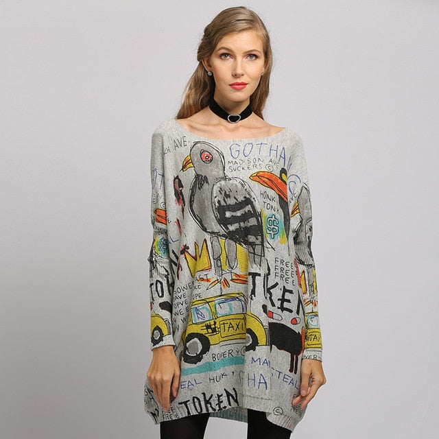 Autumn Casual Long Sweater Women Batwing Long Sleeve Pullover Baggy Jumper Solid Knitted Tops Print Knitwear