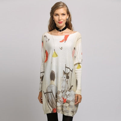Long Oversized Women Sweater Casual Coat Batwing Sleeve Cat Print Women's Sweaters Clothes Pullovers O-Neck Knitted Dress