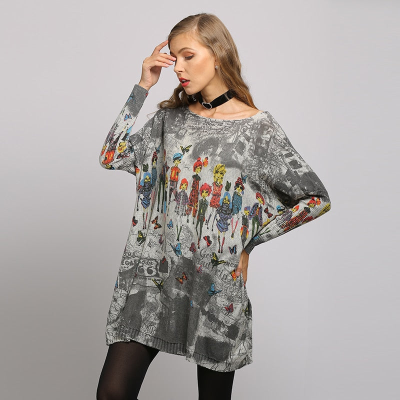 Long Oversize Sweater Women Spring Pullover Casual Batwing Sleeve Cartoon Print Fashion Autumn Woman Sweaters Pullovers