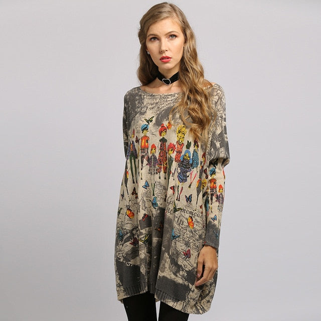 Long Oversize Sweater Women Spring Pullover Casual Batwing Sleeve Cartoon Print Fashion Autumn Woman Sweaters Pullovers