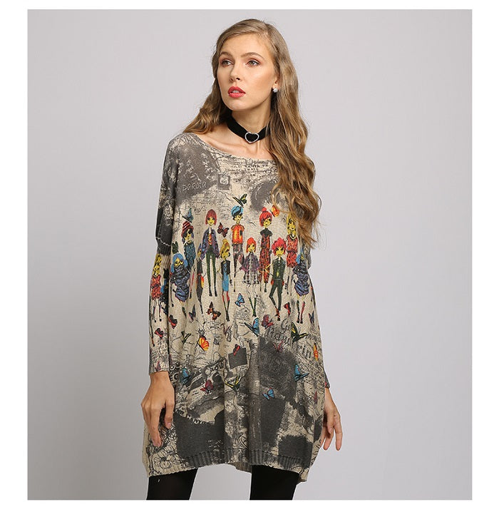 Long Oversize Sweater Women Spring Pullover Casual Batwing Sleeve Cartoon Print Fashion Autumn Woman Sweaters Pullovers
