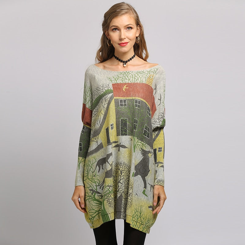 Oversized Batwing Sleeve Sweater Casual Long Women Sweater Coat City Print Women's Sweaters Pullovers Clothes 2019 New
