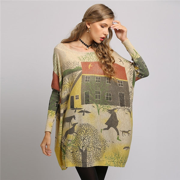 Oversized Batwing Sleeve Sweater Casual Long Women Sweater Coat City Print Women's Sweaters Pullovers Clothes 2019 New