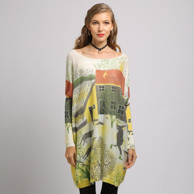 Oversized Batwing Sleeve Sweater Casual Long Women Sweater Coat City Print Women's Sweaters Pullovers Clothes 2019 New