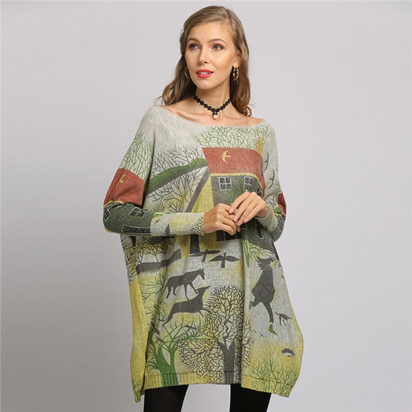 Oversized Batwing Sleeve Sweater Casual Long Women Sweater Coat City Print Women's Sweaters Pullovers Clothes 2019 New