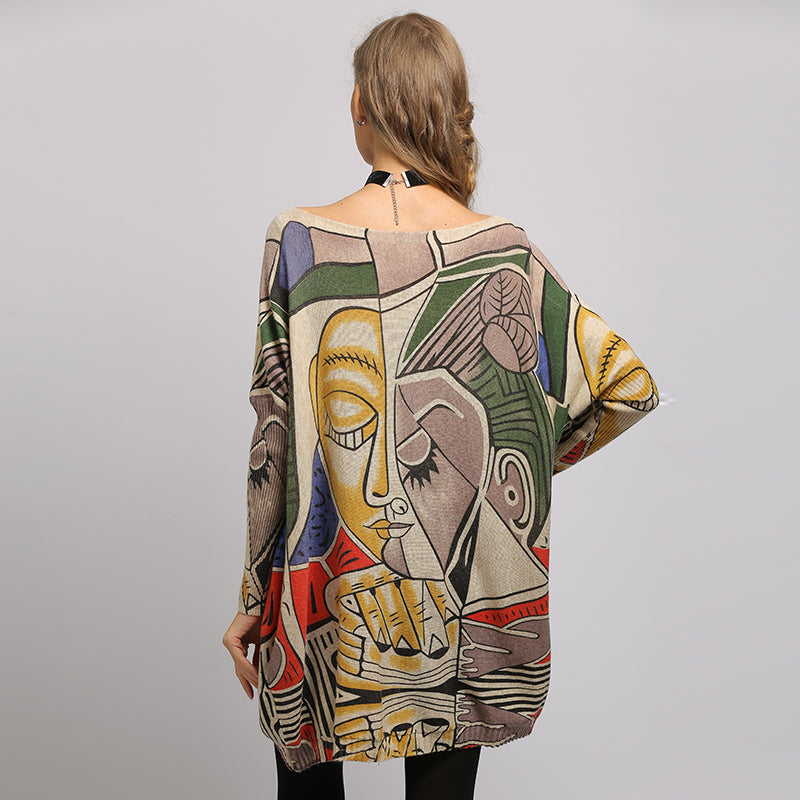 NEW Women Sweater Oversize Abstract Print Long Batwing Sleeve Pullovers Round Neck Knitted Fashion Casual Sweater Clothes