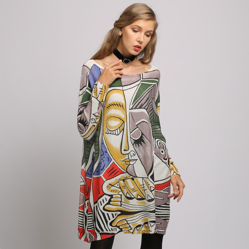 NEW Women Sweater Oversize Abstract Print Long Batwing Sleeve Pullovers Round Neck Knitted Fashion Casual Sweater Clothes
