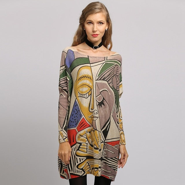 NEW Women Sweater Oversize Abstract Print Long Batwing Sleeve Pullovers Round Neck Knitted Fashion Casual Sweater Clothes