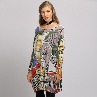 NEW Women Sweater Oversize Abstract Print Long Batwing Sleeve Pullovers Round Neck Knitted Fashion Casual Sweater Clothes