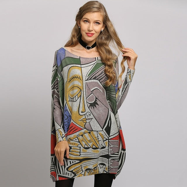 NEW Women Sweater Oversize Abstract Print Long Batwing Sleeve Pullovers Round Neck Knitted Fashion Casual Sweater Clothes