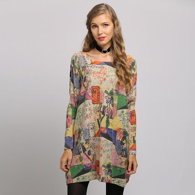 Spring Autumn Casual Long Sweater Women Batwing Long Sleeve Pullover Print Baggy Jumper Solid Knitted Tops Knitwear Free Size