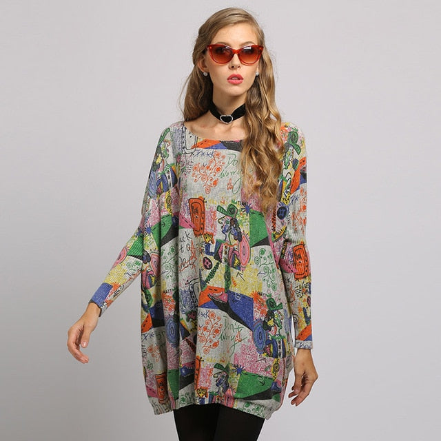 Spring Autumn Casual Long Sweater Women Batwing Long Sleeve Pullover Print Baggy Jumper Solid Knitted Tops Knitwear Free Size