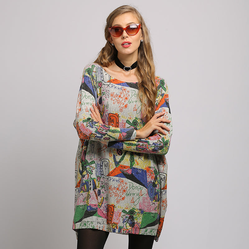 Spring Autumn Casual Long Sweater Women Batwing Long Sleeve Pullover Print Baggy Jumper Solid Knitted Tops Knitwear Free Size