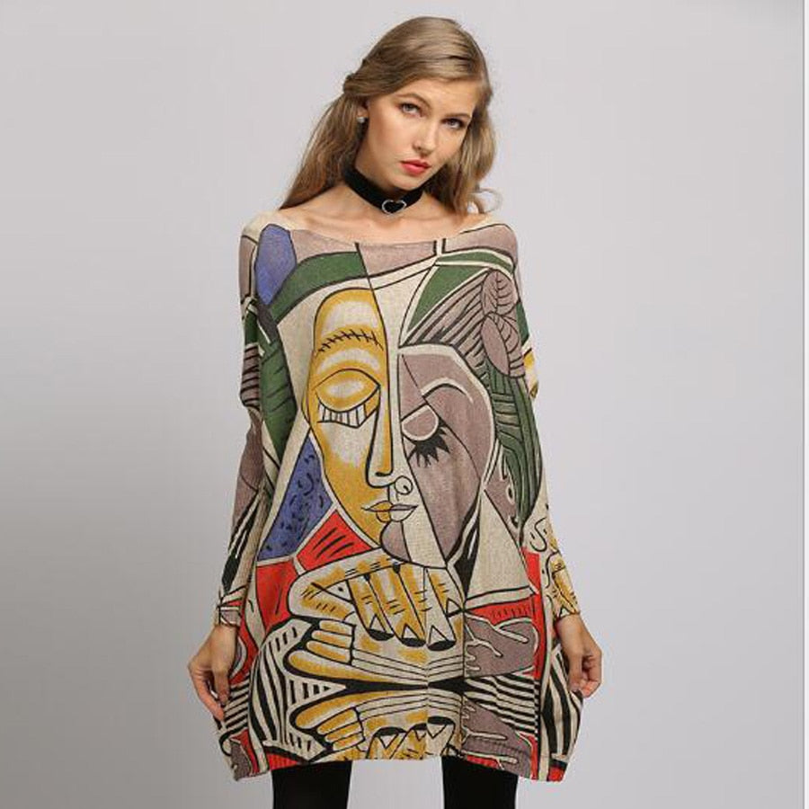 New Arrival Woman Sweater Oversize Long Batwing Sleeve Pullovers O-Neck Knitted Fashion Casual Regular Face Print Clothes