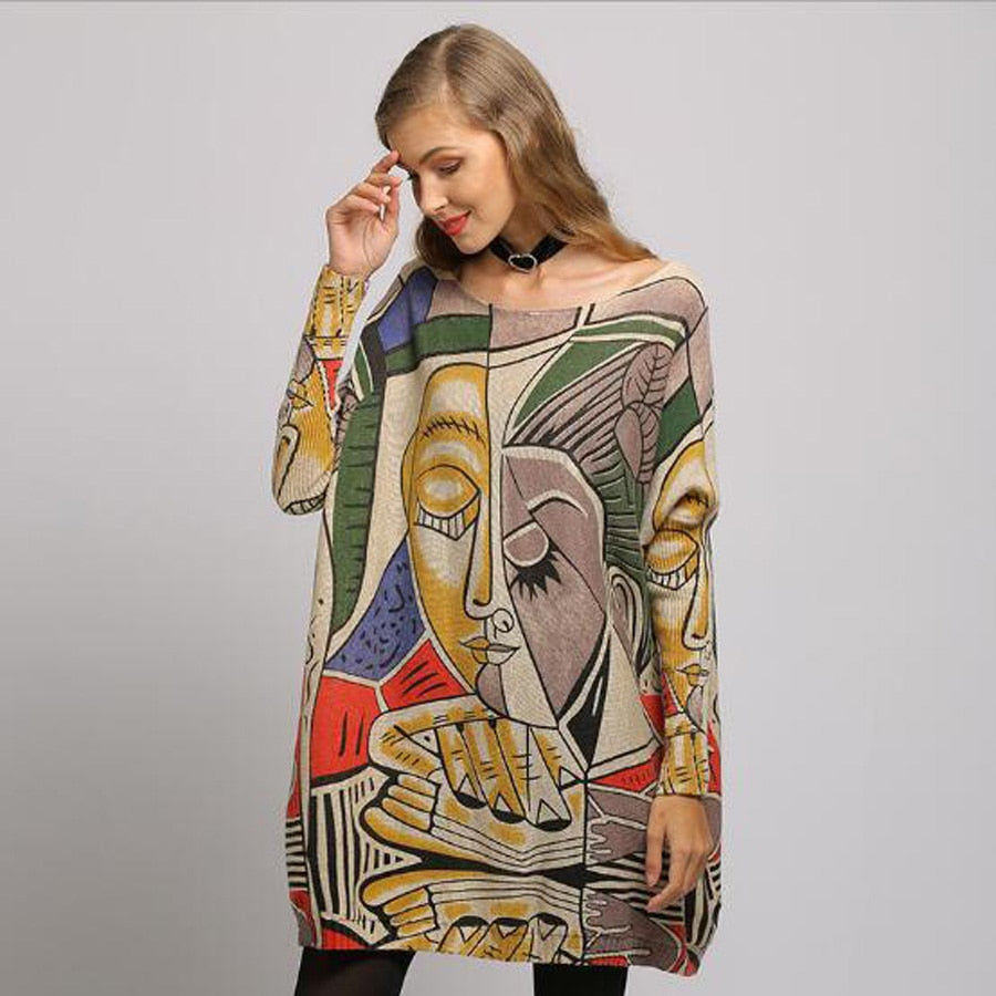 New Arrival Woman Sweater Oversize Long Batwing Sleeve Pullovers O-Neck Knitted Fashion Casual Regular Face Print Clothes