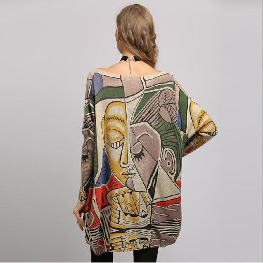 New Arrival Woman Sweater Oversize Long Batwing Sleeve Pullovers O-Neck Knitted Fashion Casual Regular Face Print Clothes