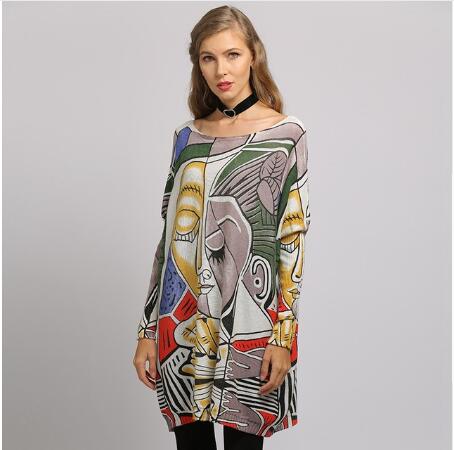 New Arrival Woman Sweater Oversize Long Batwing Sleeve Pullovers O-Neck Knitted Fashion Casual Regular Face Print Clothes