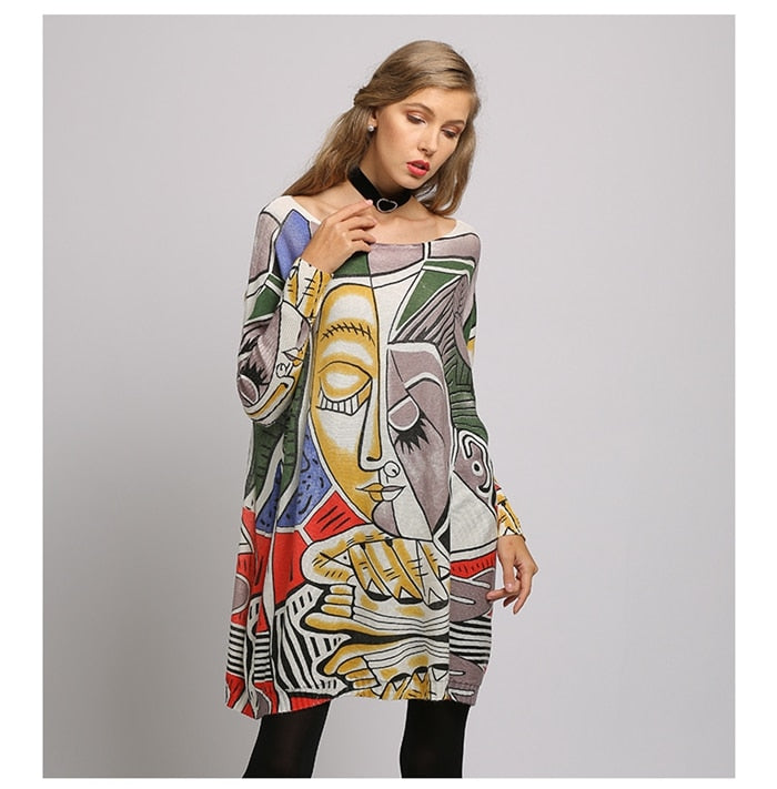 New Arrival Woman Sweater Oversize Long Batwing Sleeve Pullovers O-Neck Knitted Fashion Casual Regular Face Print Clothes