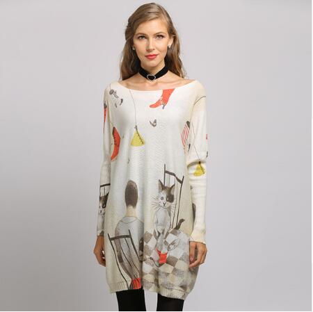New Regular Boy Cat Print Woman Sweater Oversize Long Batwing Sleeve Pullovers O-Neck Knitted Fashion Casual Clothes