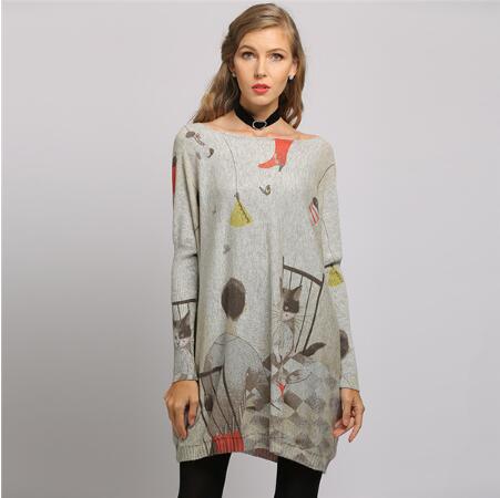 New Regular Boy Cat Print Woman Sweater Oversize Long Batwing Sleeve Pullovers O-Neck Knitted Fashion Casual Clothes
