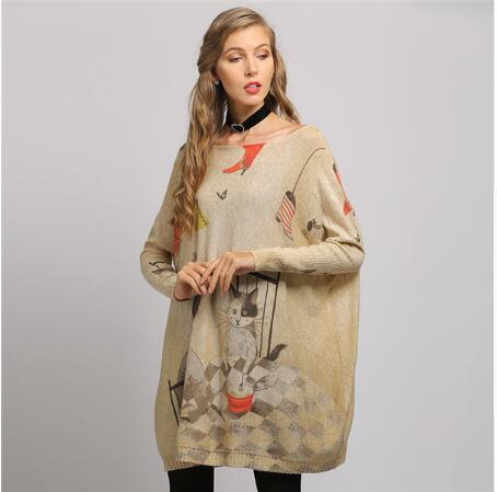 New Regular Boy Cat Print Woman Sweater Oversize Long Batwing Sleeve Pullovers O-Neck Knitted Fashion Casual Clothes