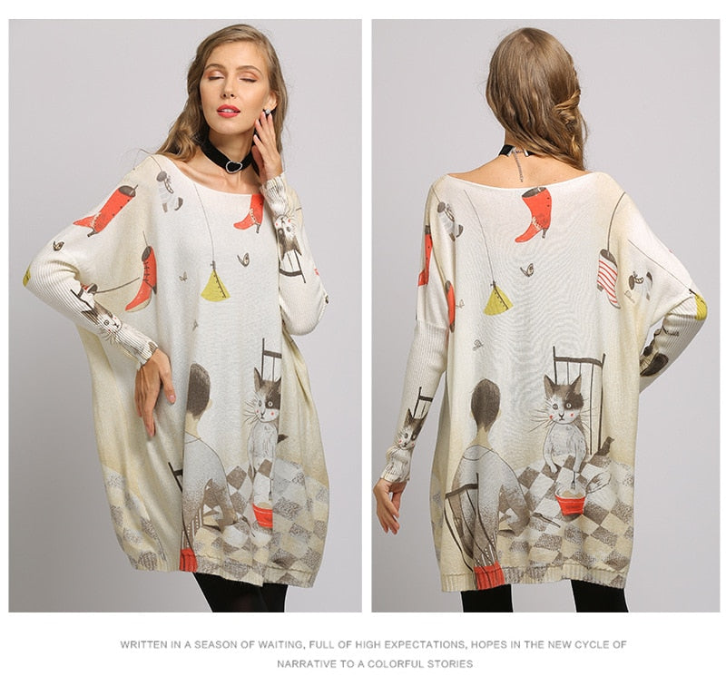 New Regular Boy Cat Print Woman Sweater Oversize Long Batwing Sleeve Pullovers O-Neck Knitted Fashion Casual Clothes