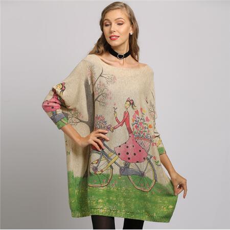 New Woman Sweater Oversize Long Batwing Sleeve Pullovers O-Neck Knitted Fashion Casual Regular Girl Print Clothes