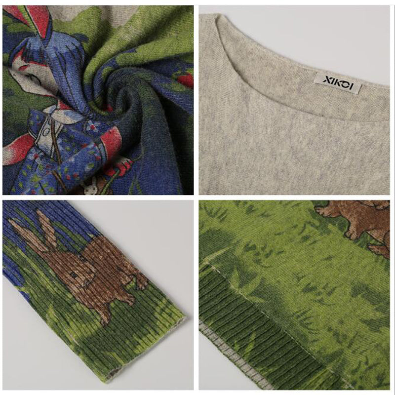 Lovely Rabbit Print Sweaters 2018 Plus Size Women Casual Jumper O-neck Patchwork Pullovers Knitted Batwing Sleeve Pullover