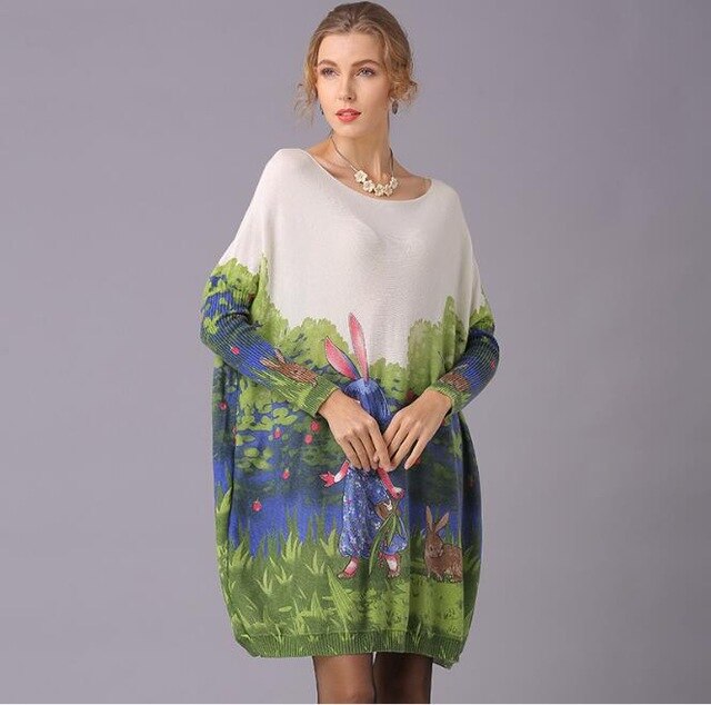 Lovely Rabbit Print Sweaters 2018 Plus Size Women Casual Jumper O-neck Patchwork Pullovers Knitted Batwing Sleeve Pullover