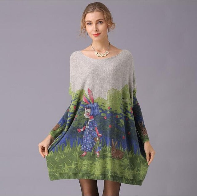 Lovely Rabbit Print Sweaters 2018 Plus Size Women Casual Jumper O-neck Patchwork Pullovers Knitted Batwing Sleeve Pullover